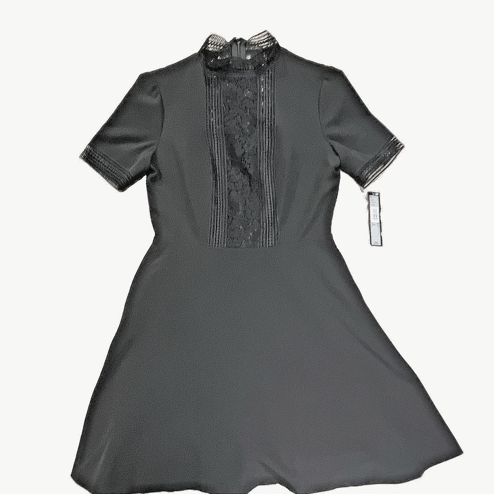 Tahari Arthur S Levine Black Lace Trim Mock Neck Dress 4P 8223P410